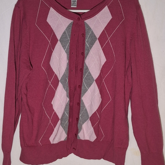 Willow Bay Elegant Argyle Cardigan Sweater - Pink and Gray - Picture 2 of 5